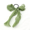 Elegant bean green chiffon bow hair tie with long streamers and high elastic rubber band - Green