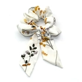 Floral print chiffon bow hair scrunchie with long ribbons in white and yellow colors - White with Yellow Floral
