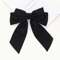 Barrette élégante en satin noir avec nœud à trois couches et de longs rubans fluides - Noir Classique