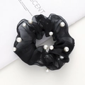 Elegant black mesh organza scrunchie with white pearl accents for women hairstyle - Black