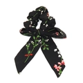 Elegant black floral scrunchie with long bow ribbon and vintage flower patterns - Black Vintage Floral