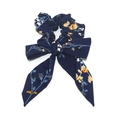 Navy blue floral chiffon scrunchie with long ribbon bow and yellow flower pattern - Dark Blue Elegant Floral