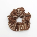 Brown scrunchie with white geometric pattern lines for women hair styling - Brown Geometric Line Style / Brown
