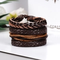 Men's handmade woven leather bracelet set in retro brown style with alloy charms - Four Piece Set