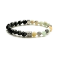 Pulsera de piedras naturales facetadas y ágata con detalles en acero inoxidable blanco - Amazonita + Ágata Negra