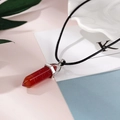 Detailed macro view of the red hexagonal crystal pendant with a silver metal clasp - Red Aventurine (NS-0019-Red Aventurine)