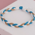 Detailed macro view of bohemian hand-woven tricolor blue white and khaki adjustable bracelet - Blue White Brown Style (BN-0111-10)
