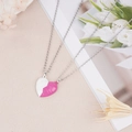 Minimalist silver heart couple necklaces with Forever engraving and magnet design - White Pink