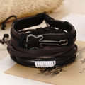 Detail shot of vintage leather bracelets featuring a retro silver guitar metal charm - Silver Guitar Vintage Leather Style (BN-0128-9)