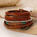 Three-piece vintage braided leather bracelet set with brown cowhide and silver metal beads - Silver Beads Brown Leather Style (BN-0128-8)