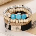 Four-piece retro handmade braided leather bracelet set with turquoise feather charms - Feather Pendant Ethnic Retro Style (BN-0129-18)