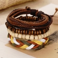 Close-up of retro 4-piece handmade woven leather and wooden bead bracelets for men - Dark Green Braided Cotton Set (BN-0129-23)