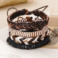 Close-up of four-piece set of retro braided leather and wooden bead bracelets for men - Dark Brown Braid Matte Wood Beads (BN-0129-16)
