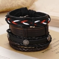Close-up of vintage multi-layer leather bracelets with silver star stud detail - Metal Pentagram Rivet Decoration (BN-0129-4)
