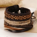 Detailed macro view of retro braided leather bracelets with natural wood beads - Wood Bead Retro Combination (BN-0129-3)