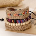 Detail view of 4-piece handmade leather bracelet set with wooden beads and woven ropes - Ethnic Embroidery Hemp Cord Set (BN-0129-9)