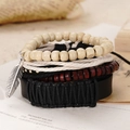 Macro shot of multilayer leather bracelet with wooden beads and silver feather pendant - Silver Metal Feather Craft (BN-0129-25)
