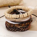Detailed close-up of multi-layer leather bracelet set with wooden beads and woven cords - Mixed Material Braided Set (BN-0129-6)