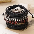 Detail of vintage multilayer leather bracelet set with braided straps and wood beads - Bohemian Tri-color Thread Braid (BN-0129-7)