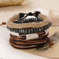 Detailed view of handmade vintage leather bracelets with braided rope and wooden beads - Dark Brown Leather Wood Bead Mix (BN-0129-10)