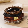 Detailed view of handmade leather bracelets set with wood beads and vintage textures - Dark Tone Rugged Handmade Style (BN-0129-21)