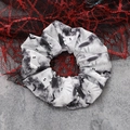 Close-up of Halloween scrunchie with white ghosts and black bats on a spiderweb background - Black White Gray Ghost Bat Pattern (6#)