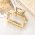 Detail view of sage green acetate shark hair claw clip with a gold-tone metal spring - Green