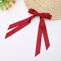 Close-up of deep red satin double-layered bow hair clip with elegant long ribbons - Burgundy