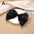 Elegant large black satin hair clip with sheer polka dot tulle and white pearls decoration - Pearl Mesh Bow (Black)