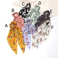 Chiffon floral print scrunchies set with long ribbons in seven assorted bohemian styles - Yellow Floral (Style A)