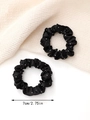 Detail showing two black satin scrunchies with white dots and 7cm diameter dimension - Black
