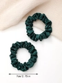 Detail view of dark green satin scrunchies with rhinestones showing 7cm diameter size - Dark Green