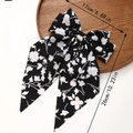 Elegante pinza para el pelo con lazo negro, estampado floral y cintas largas para mujer - Negro