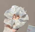 Elegant off-white organza scrunchie with vintage blue rose floral print for women - Blue Camellia
