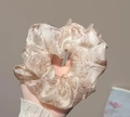 Champagne gold floral scrunchie with vintage rose patterns in premium silk-like fabric - Coffee Camellia