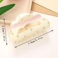 Creamy white shark hair clip with pink floral plaid bow design and size dimensions - Style E (Pink Plaid Tulip)