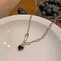 Silver safety pin necklace with black heart pendant and sparkling zircon accents - Black Gemstone Heart Style (NST-0225)