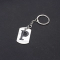 Minimalist silver stainless steel rectangular keychain featuring the letter P in black - Letter P