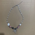 Detail view of heart pearl necklace with sparkling rhinestone chain and cross pendant - Irregular Pearl Cross Style (NST-0219-Irregular Pearl)