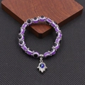 Bracciale di perle viola Evil Eye con ciondolo mano di Fatima e distanziatori in metallo - Stile Mano Viola (BNS-0222-8mm)
