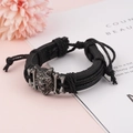 Bracciale punk vintage in pelle intrecciata nera con testa di lupo e dettagli in osso - Nero (BN-0142-1)