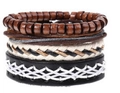 Men's retro 4-piece multilayer leather bracelet set with brown wood beads and weave cord - Black and White Woven Leather Wide Band (BN-0129-26)
