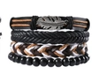 Men vintage 4-piece leather bracelet set with silver feather charm and woven cords - Retro Feather Pendant 4-Piece Set (BN-0129-29)