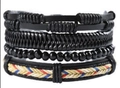 Men's 4-piece multilayer braided leather bracelet set with black beads and colorful accents - Black PU Leather Colorful Twill (BN-0129-27)