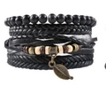 Men's vintage black leather braided bracelet set with wooden beads and bronze leaf charm - Bronze Leaf Pendant Black Series (BN-0129-28)