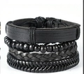 Retro handmade 4-piece black leather bracelet set with braided rope and beads - All-black Punk Style 4-Piece Set (BN-0129-49)