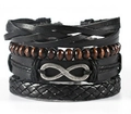Vintage braided leather bracelet set for men with black cords and infinity metal charm - Black Leather Infinity Pendant (BN-0129-34)