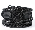 Men's retro black layered leather bracelet set with woven ropes and metal helm charm - Black Ship Helm Multi-layer Mix (BN-0129-50)