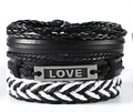 Retro multi-layer braided leather bracelet set with LOVE engraved metal plate charm - LOVE Engraved Metal Plate Mix (BN-0129-51)