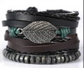 Vintage multilayer leather bracelet set with silver metal leaf and woven ropes - Silver Leaf Retro Multi-layer Style (BN-0129-52)